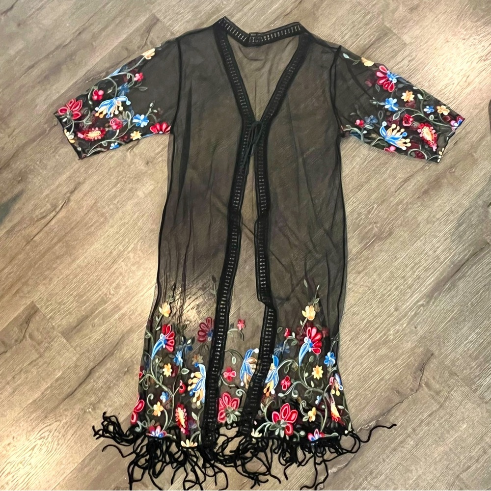 Floral Embroidered Lace Mesh Sheer Cardigan Kimono & Beach Cover Up Lg